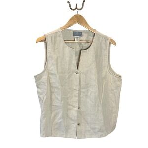 Jaclyn Smith Studio Linen Blend Vest Beige Button Front Split Neck XL Cottage